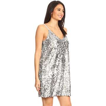Anna-Kaci Women's V Neck Sleeveless Gradient Sequin Stretchy Mini Party Clubwear Dress, Silver, X-Large