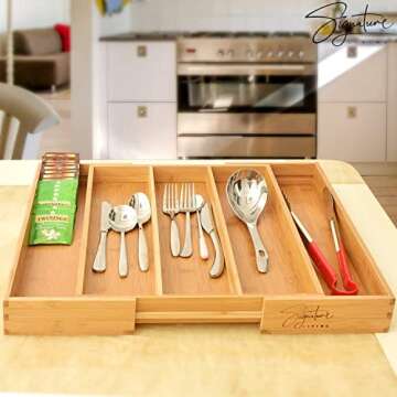 Signature Living Bamboo Expandable Utensil Drawer Organizer – Premium Bamboo for Cutlery, Flatware...