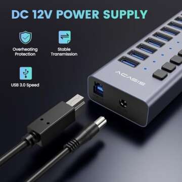 90W Powered USB Hub - ACASIS 16 Ports USB 3.0 Data Port, Aluminum Housing, Individual On/Off Switches, 12V/7.5A Power Adapter, USB Splitter for Laptop, PC, Computer, Printer