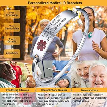 VNOX Medical Alert ID Bracelet - Custom Engraving Stainless Steel Medical Alert ID Bracelet for Wome...