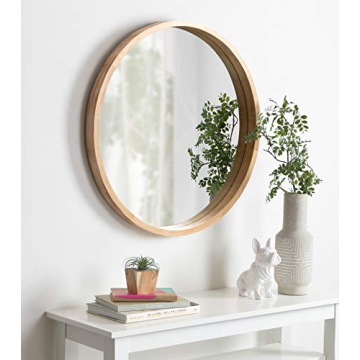 Kate and Laurel Hutton Round Decorative Large Modern Wood Frame Wall Mirror, 30 Inch Diameter, Natural Finish