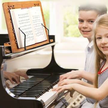 SUNFICON Bamboo Cookbook Stand Holder Large Book Stand Holder Home Office Reading Rest Textbook Recipe Music Document Tablet Display Stand Collapsible Adjustable Tray Family Friends Students Gift Idea