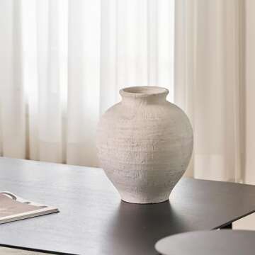 LB2 White Ceramic Large Vase, 11.8" Tall Zen Style, Terra Cotta Pitcher Vase, Distressed Farmhouse Decor, Pottery Decorative Flower Vase for Home Decor