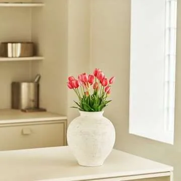 LB2 White Ceramic Large Vase, 11.8" Tall Zen Style, Terra Cotta Pitcher Vase, Distressed Farmhouse Decor, Pottery Decorative Flower Vase for Home Decor