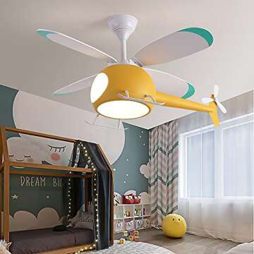 OUSAITE Children's bedroom helicopter model ceiling fan with lights 42 inch Remote control speed Kids Room Cartoon Ceiling Fan Lamp (Yellow)