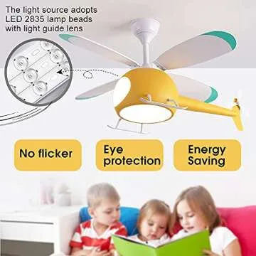 OUSAITE Children's bedroom helicopter model ceiling fan with lights 42 inch Remote control speed Kids Room Cartoon Ceiling Fan Lamp (Yellow)