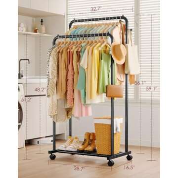 Sakugi Clothes Rack - Double Rods Clothing Rack with Mesh Shelf, Hooks & Wheels, Metal Clothing Rack...
