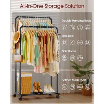 Durable Sakugi Clothes Rack with Wheels & Hooks for Organization