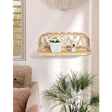 Sonefreiy Rattan Shelf Boho Wall Shelf Decorative Shelves Natural Handmade Woven Floating Shelf, Nursery Bedroom Living Room Bathroom Decor