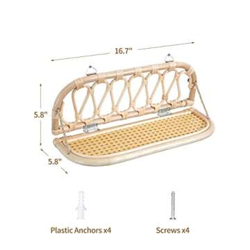 Sonefreiy Rattan Shelf Boho Wall Shelf Decorative Shelves Natural Handmade Woven Floating Shelf, Nursery Bedroom Living Room Bathroom Decor