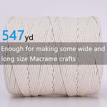 Macrame Cord 4mm x 547Yards, Natural Cotton Macrame Rope - 4 Strands Twisted Macrame Cotton Cord for Wall Hanging, Plant Hangers, Crafts, Gift Wrapping and Wedding Decorations（4mmX500m）