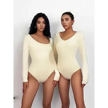 Chongbaijia 3 Piece Women's Square Neck Long Sleeve Bodysuit T shirts Body Suit Tops
