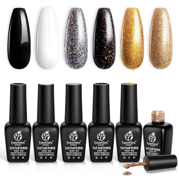 Beetles Gel Nail Polish Set, 6 Colors Black White Gel Nail Silver Rose Gold Glitter Shimmer Gel Nail...