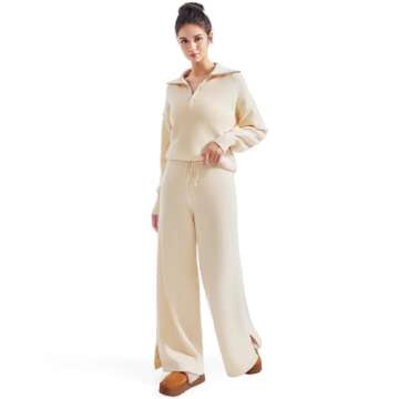 SUUKSESS Women 2 Piece Lounge Sets Quarter Zip Pullover Wide Leg Pants Oversized Matching Sets (Beige, S)