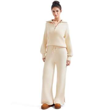 SUUKSESS Women 2 Piece Lounge Sets Quarter Zip Pullover Wide Leg Pants Oversized Matching Sets (Beige, S)