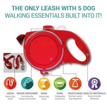 Generic Clabian Dog Leash | Pet Leash with Poop Bags Dispenser | Heavy Duty Leash | Water Container with Retractable Bowl, Medium, Red