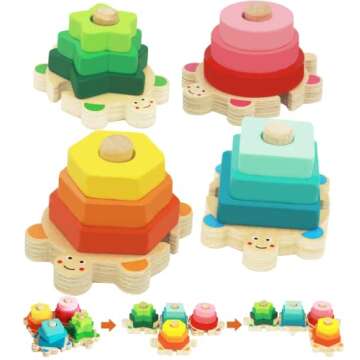 WOOD CITY Stacking Toys for Toddlers 1-3, Montessori Shape Sorter Baby Toys 12-18 Months, Wooden Blo...