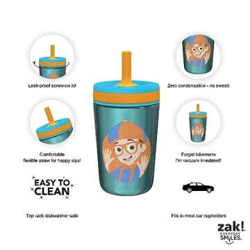 Zak Designs Blippi Kelso Toddler Cups For Travel or At Home, 12oz Vacuum Insulated Stainless Steel Sippy Cup With Leak-Proof Design is Perfect For Kids