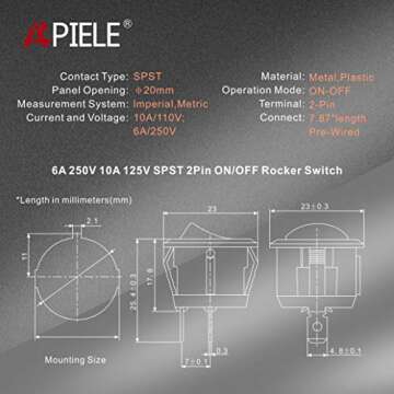 APIELE 5Pcs Rocker Switch ON Off KCD1 Mini Round Toggle Switch SPST 2Pin Snap-in Design Car Boat Automotive with Wires Pre-Wired AC 6A/250V 10A/125V 12VDC