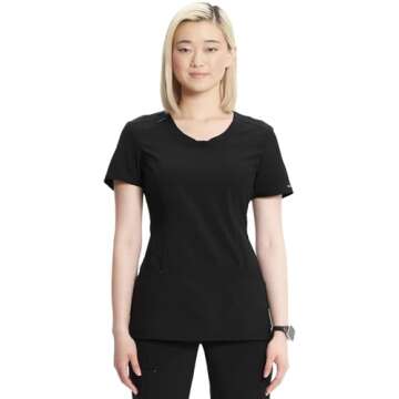 Infinity Cherokee Round Neck Nurse Scrub Tops for Women with 3 Pockets 360 Stretch & Wrinkle-Resistant 2624A, L, Black