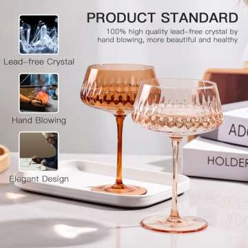 JOVGANK Colored Martini Glasses Set of 6, Hand Blown Colorful Cocktail Glasses 14Oz, Vintage Champag...