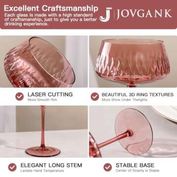 JOVGANK Colored Martini Glasses Set of 6, Hand Blown Colorful Cocktail Glasses 14Oz, Vintage Champagne Coupe Glasses, Large Margarita Glasses, Crystal Retro Style Bar Drinking Glasses, Multicolor