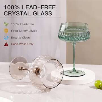 JOVGANK Colored Martini Glasses Set of 6, Hand Blown Colorful Cocktail Glasses 14Oz, Vintage Champagne Coupe Glasses, Large Margarita Glasses, Crystal Retro Style Bar Drinking Glasses, Multicolor