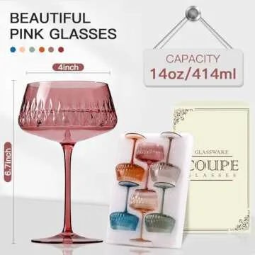 JOVGANK Colored Martini Glasses Set of 6, Hand Blown Colorful Cocktail Glasses 14Oz, Vintage Champagne Coupe Glasses, Large Margarita Glasses, Crystal Retro Style Bar Drinking Glasses, Multicolor