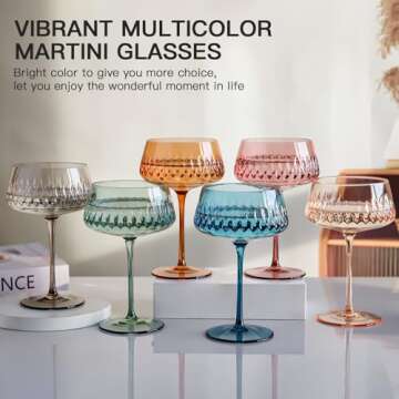 JOVGANK Colored Martini Glasses Set of 6, Hand Blown Colorful Cocktail Glasses 14Oz, Vintage Champagne Coupe Glasses, Large Margarita Glasses, Crystal Retro Style Bar Drinking Glasses, Multicolor