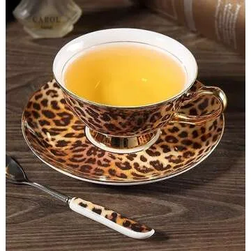 YBK Tech Euro Style Bone China Cup& Saucer Set, Ceramic Tea Coffee Cup for Home Kitchen Wedding (Leopard Pattern)