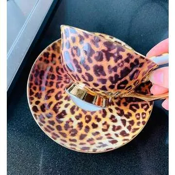 YBK Tech Euro Style Bone China Cup& Saucer Set, Ceramic Tea Coffee Cup for Home Kitchen Wedding (Leopard Pattern)