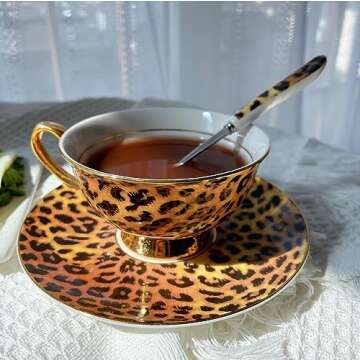 YBK Tech Euro Style Bone China Cup& Saucer Set, Ceramic Tea Coffee Cup for Home Kitchen Wedding (Leopard Pattern)