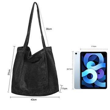 Etercycle Women Corduroy Tote Bag, Casual Handbags Big Capacity Shopping Shoulder Bag with Pocket (Black)