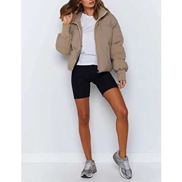 AMEBELLE Women Winter Thermal Baggy Stand Collar Full Zip Puffer Down Coats Jacket(0436-Khaki-S)
