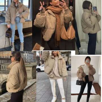 AMEBELLE Women Winter Thermal Baggy Stand Collar Full Zip Puffer Down Coats Jacket(0436-Khaki-S)