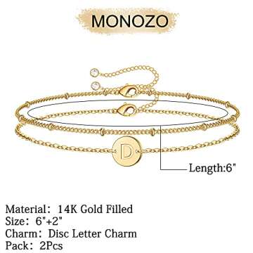 MONOZO Gold Initial Bracelets for Women, Dainty 14K Gold Filled Layered Beaded D Letter Initial Brac...