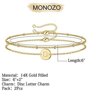 MONOZO Gold Initial Bracelets for Women, Dainty 14K Gold Filled Layered Beaded D Letter Initial Brac...