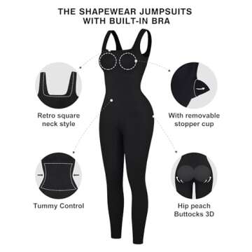 Popilush Jumpsuits for Women Built-In Sports Bra Ribbed Short Casual Summer Square Neck Rompers Sleeveless Yoga Outfits Workout Sets Black S