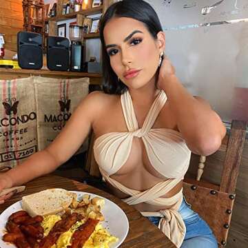 ZAFUL Ribbed Halter Crop Top Ruched Lace-up Cropped Cami Bandana Top Stitching Cropped Tank Top Beige