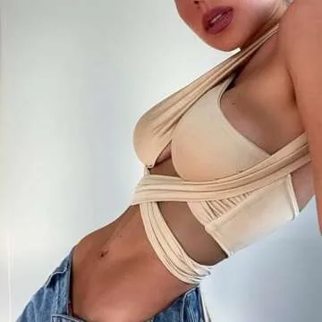 ZAFUL Ribbed Halter Crop Top Ruched Lace-up Cropped Cami Bandana Top Stitching Cropped Tank Top Beige