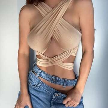 ZAFUL Ribbed Halter Crop Top Ruched Lace-up Cropped Cami Bandana Top Stitching Cropped Tank Top Beige