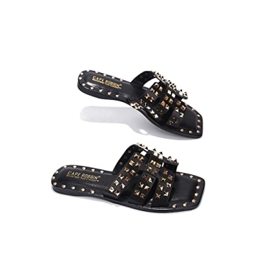 Cape Robbin Amisha Stylish Slide Sandals for Women - Womens Sandals with Gold Spikes - Studded Open-Toe Summer Slides for Women - Slip-On Women's Sandals