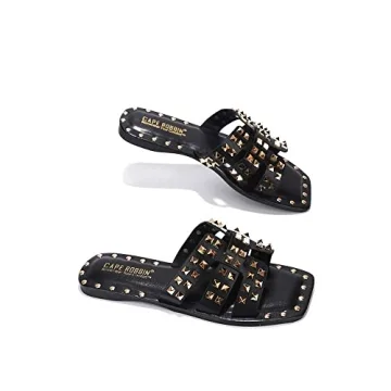 Cape Robbin Amisha Stylish Slide Sandals for Women - Womens Sandals with Gold Spikes - Studded Open-Toe Summer Slides for Women - Slip-On Women's Sandals