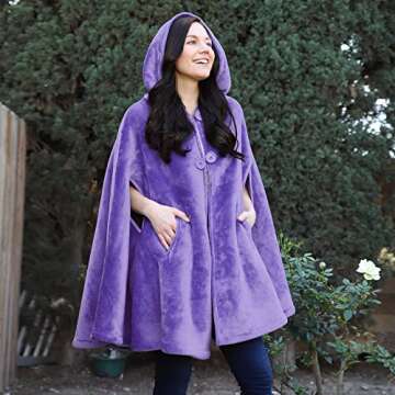 Catalonia Women's Lavender Poncho Cape, Sherpa Fleece Cloak Coat, Snuggly Hooded Wearable Blanket, G...