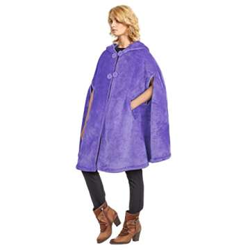 Catalonia Women's Lavender Poncho Cape, Sherpa Fleece Cloak Coat, Snuggly Hooded Wearable Blanket, Gift Idea for Mom and Teen Girls