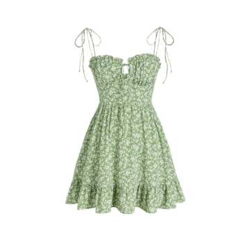 CIDER Santorini Beach Vacation Ditsy Floral Tie Shoulder Mini Dress: Green, M