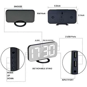 Alarm Clock for Bedroom,LED and Mirror Digital Clocks Large Display, with 2 USB Charger Ports,Auto Dim,Snooze Function,Modern Desk/Wall Clock for Home Living Room Decor - Navy Blue