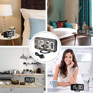 Alarm Clock for Bedroom,LED and Mirror Digital Clocks Large Display, with 2 USB Charger Ports,Auto Dim,Snooze Function,Modern Desk/Wall Clock for Home Living Room Decor - Navy Blue