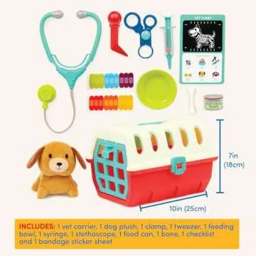 Battat – Mini Vet Playset (11Pc) – Plush Dog & Carrier – Stickers & Checklist – Toy Stethoscope & Bone – 2 Years + – Puppy Care Vet Kit