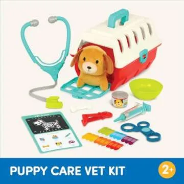 Battat – Mini Vet Playset (11Pc) – Plush Dog & Carrier – Stickers & Checklist – Toy Stethoscope & Bone – 2 Years + – Puppy Care Vet Kit